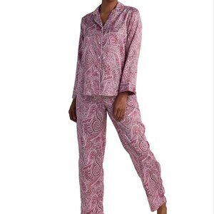 Miss Elaine Pajama Set Womens SZ Small Burgundy Paisley Satin Long Sleeve pocket